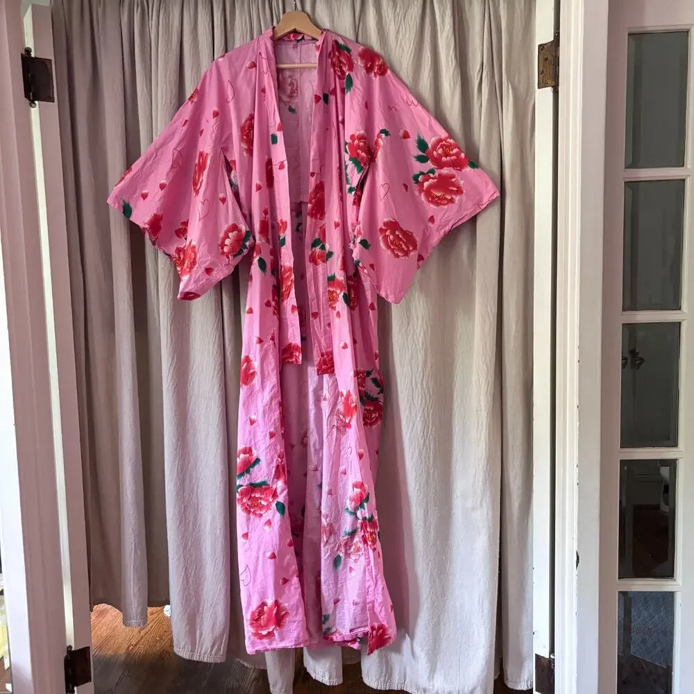 Vintage Elle Poem Japanese Cotton Kimono Robe Pink Floral OS Long Duster